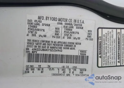 2003 Mercury Mountaineer из США, поврежденный, VIN 4M2ZU86K73ZJ24943